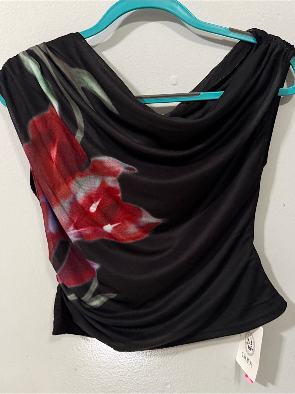 Cider Black Draped Sleeveless Top with Red Floral